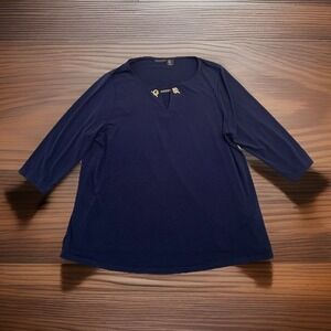 Tahari Top Woman 1X Navy Blue Lightweight 3/4 Sleeve Slinky Polyester Stretch